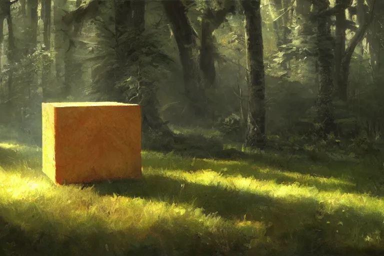 Image similar to An oil painting of a cube in a forest by Craig Mullins, dramatic lighting, realistic shadows, establishing shot, extremely high detail, artstation