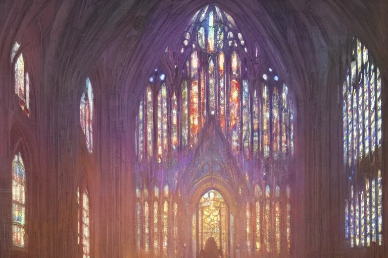 Prompt: a cyberpunk art deco cathedral, stained glass windows, by greg rutkowski and claude monet, oil on canvas