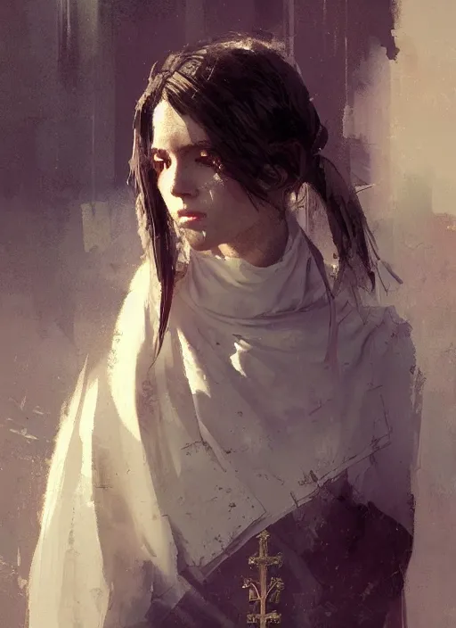 Image similar to female priest girl, beautiful face, rule of thirds, intricate outfit, spotlight, by greg rutkowski, by jeremy mann, digital painting