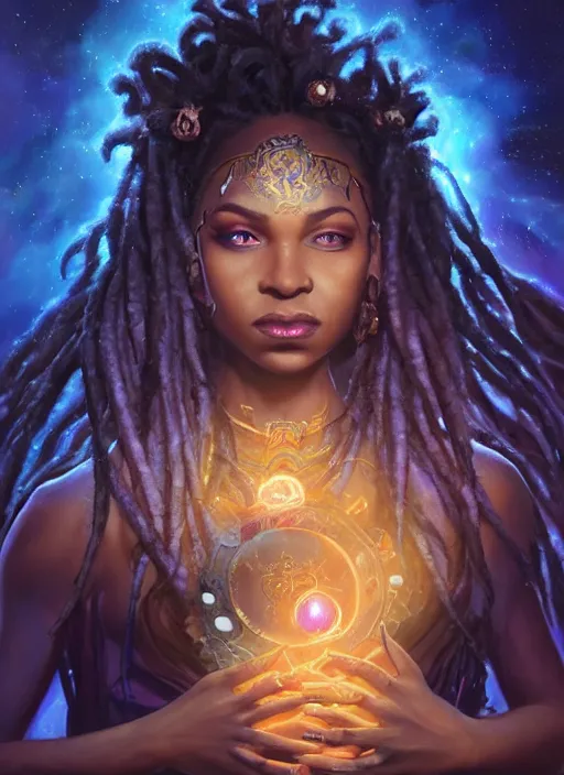 Prompt: beautiful black woman casting magical spells with powerful crystals, beaded dreadlocks and kemetic imagery, digital painting artstation, concept art, matte, sharp focus, illustration, dramatic exploding nebulae, hearthstone, art by artgerm and greg rutkowski and alphonse mucha