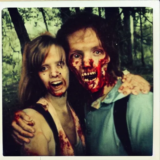 Image similar to polaroid of a happy couple looking into the camera during a zombie apocalypse