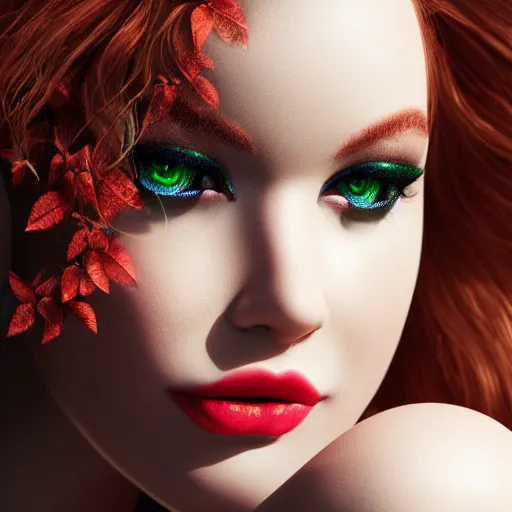 Prompt: poison ivy modeling for vogue magazine, starlet, adorable, beautiful, shiny, octane render, 8k, hyper realistic,