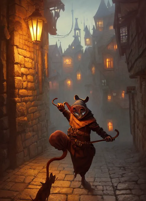 Prompt: Anthropomorphic mouse thief sneaking through a medieval town by night hood and mask, DnD character, unreal engine, octane render, dramatic lighting, pond, digital art, by Stanley Artgerm Lau, greg rutkowski, thomas kindkade, alphonse mucha, loish, norman Rockwell