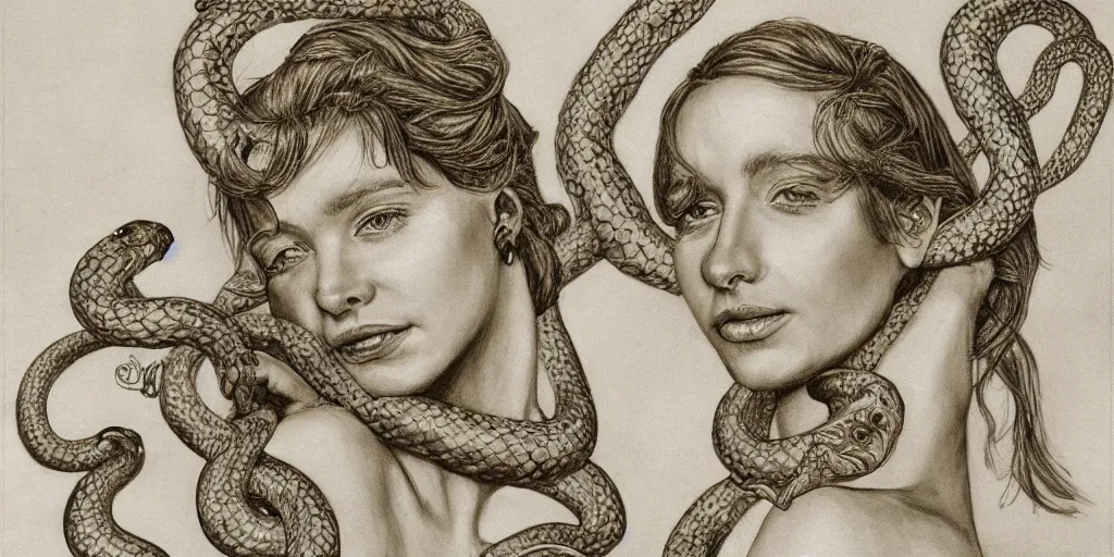 Prompt: realistic portrait of beautiful scylla with her snakes, golden, delicate, facing camera, hyper realism, 1 4 5 0, ink, ultra realistic, 8 k