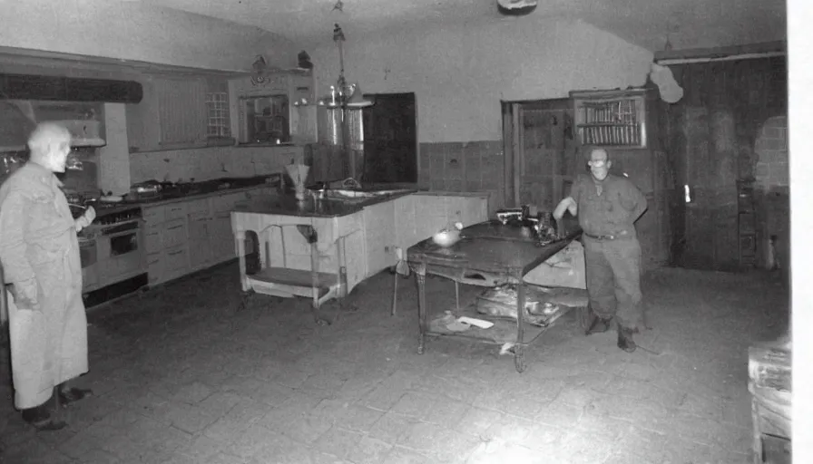 Prompt: a giant snake and a man in a stalinist style kitchen, by mini dv camera, very very low quality, heavy grain, very blurry, accidental flash, webcam footage, found footage, security cam, caught on trail cam