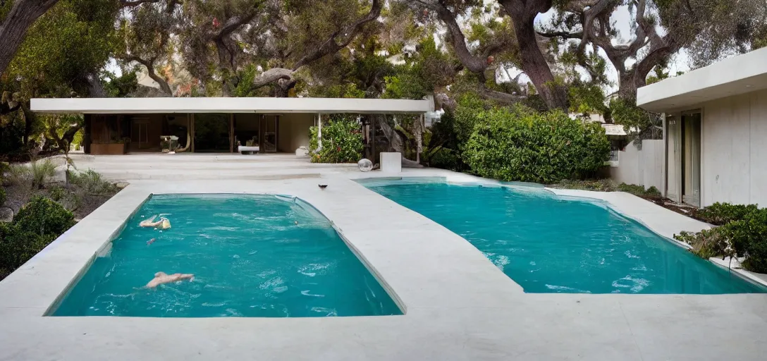 Image similar to midcentury house made of pentelic marble, designed by ictinus and callicrates. neptune pool in backyard. built in 1 9 5 9 in santa monica. owned by hollywood executive