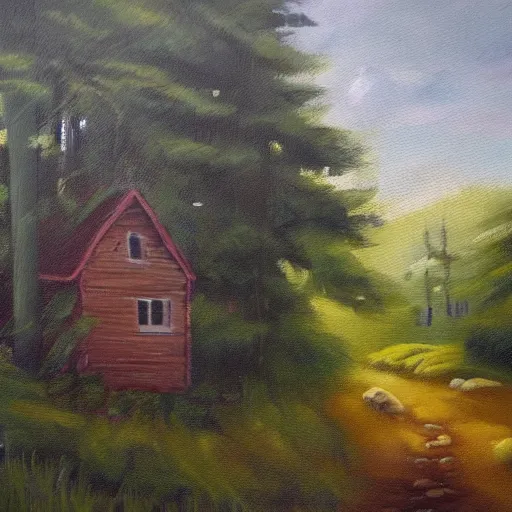 Prompt: oil painting of a small house in the middle of a forest