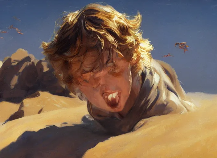 Prompt: a highly detailed beautiful portrait of anakin skywalker hissing at sand, by gregory manchess, james gurney, james jean