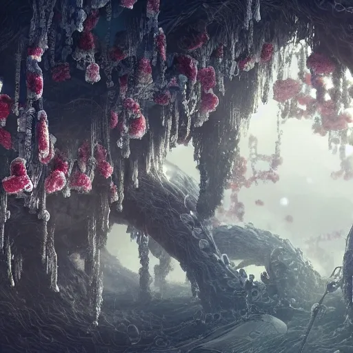 Prompt: intricate human biorobotic organs intertwined with biorobotic flowers, intricate environment, matte painting, cinematic, epic composition, highly detailed, atmospheric, wide angle, artstation trending