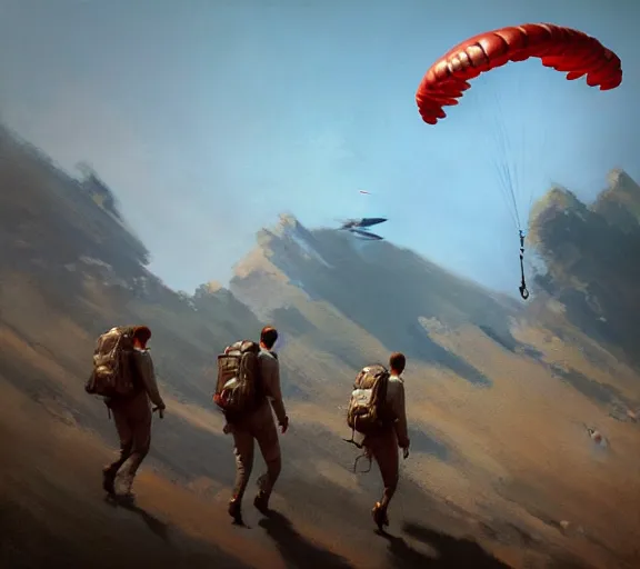 Prompt: five parachutists go to the plane, portrait, painting by craig mullins, octane rendering, soft morning lighting, wide angle lens, in the style of hayao miyazaki, trending on artstation,