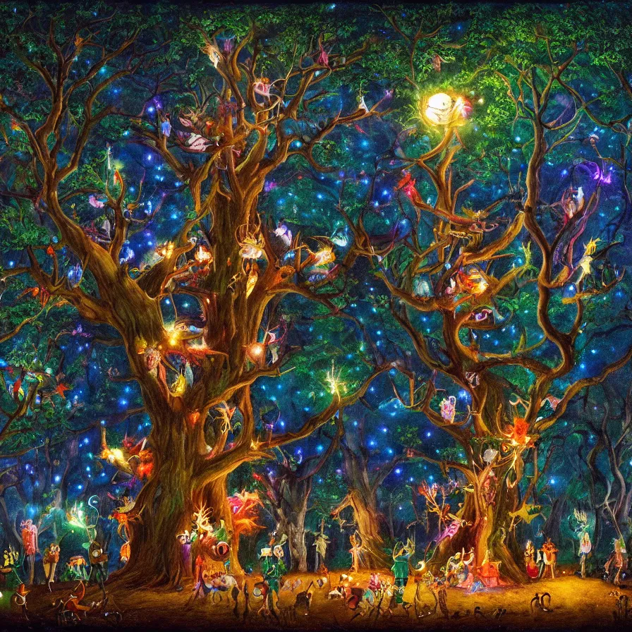 Image similar to a night carnival around a magical tree cavity, with a surreal orange moonlight and fireworks in the background, next to a lake with iridiscent water, christmas lights, folklore animals and people disguised as fantastic creatures in a magical forest by summer night, masterpiece painted by richard burchett, dark night environment