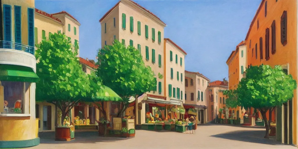 Image similar to calm italian street with green trees and icecream shop in the style of Edward Hopper
