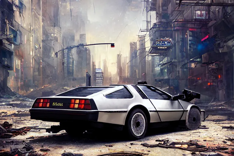 Image similar to highly detailed photograph of a delorean parked on the streets of a cyberpunk abandoned city, doors are open, by greg rutkowski and stanley artgerm and alphonse mucha, octane, sharp focus, hyperrealistic, masterpiece