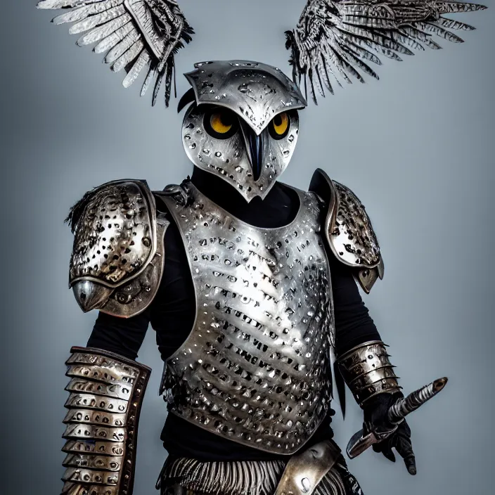 Image similar to full length photo of a warrior with metal owl themed armour, highly detailed, 4 k, hdr, smooth, sharp focus, high resolution, award - winning photo