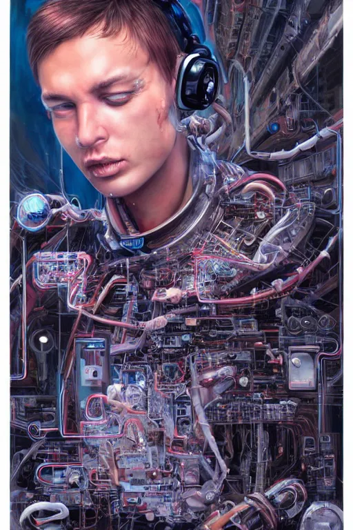 Prompt: portrait of computer & circuits, melting, selfie astronaut, 8 k, by tristan eaton, stanley artgermm, tom bagshaw, greg rutkowski, carne griffiths, ayami kojima, beksinski, giger, trending on deviantart, face enhance, hyper detailed, minimalist, cybernetic, android, blade runner, full of colour, super detailed