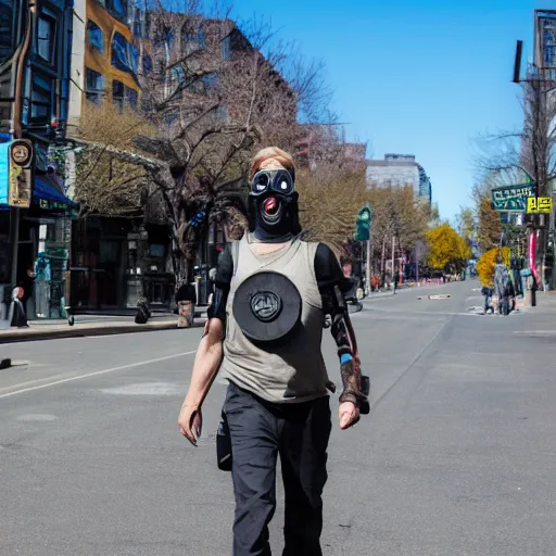 Image similar to man in a gasmask screaming walking down the streets of seattle, sunlight, sunny day, full shot