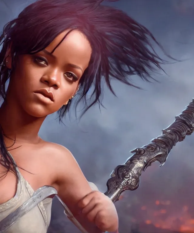 Image similar to a beautiful cinematic image of a Rihanna wielding a sword, cinematic, 4k, realistic, anime artwork, rtx, hyperrealistic, unreal