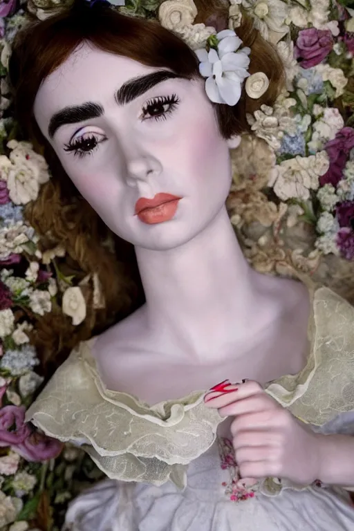 Image similar to lily collins as a dresden doll made of porcelain