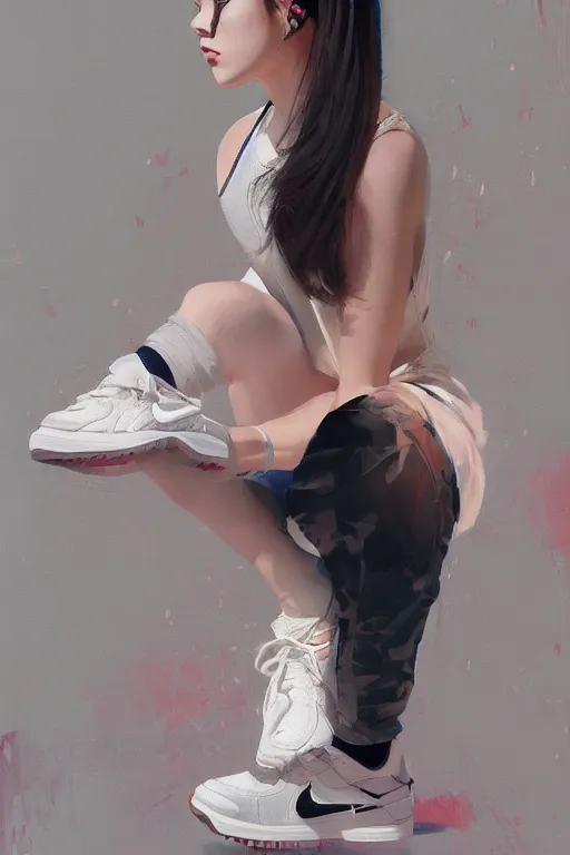 Prompt: A ultradetailed beautiful panting of a stylish girl , she is wearing Nike sneakers, Oil painting, by Ilya Kuvshinov, Greg Rutkowski and Makoto Shinkai