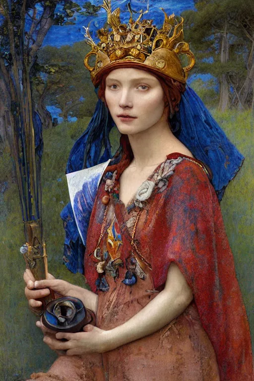 Prompt: portrait of the last queen of the dawn mountains with her lantern and regalia, by Annie Swynnerton and John Bauer and John William Godward and Donato Giancola and Vermeer, embroidered velvet, iridescent beetles, rich color, ornate headdress, flowing robes, lost runes, ancient civilizations, dramatic cinematic lighting, featured on Artstation, cgisociety, extremely detailed