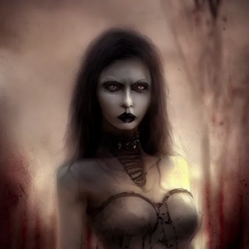 Image similar to a woman with yellow eyes and black hair, a detailed matte painting by basuki abdullah, deviantart, gothic art, demonic photograph, horror film, dark