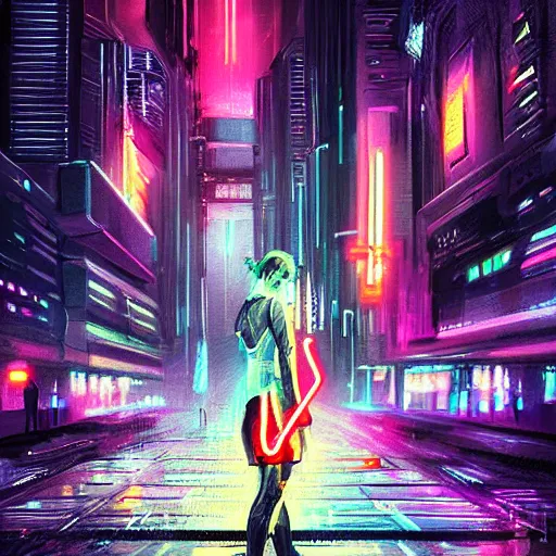 Prompt: a girl with a lightsaber in a neon cyberpunk city at night, art station, digital art, cinematic