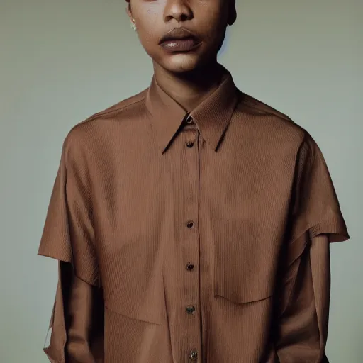 Image similar to realistic photoshooting for a new balenciaga lookbook color film photography portrait of a beautiful woman model, model wears a brown le papier'la chemise machou'shirt, photo in style of tyler mitchell