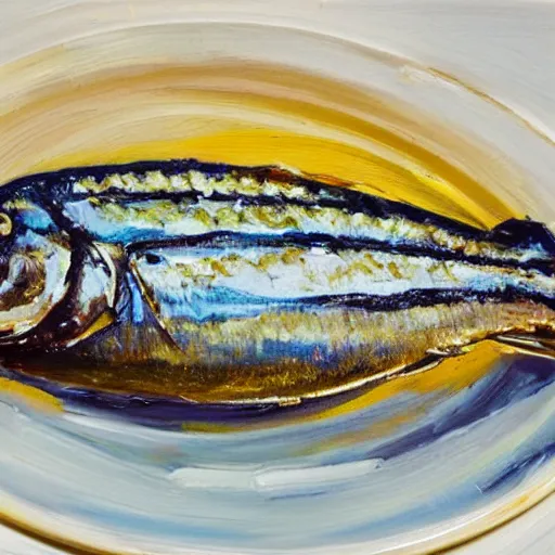 Prompt: sardines in oil on a white plate overlooking the ocean, oil on canvas, extremely detailed masterpiece