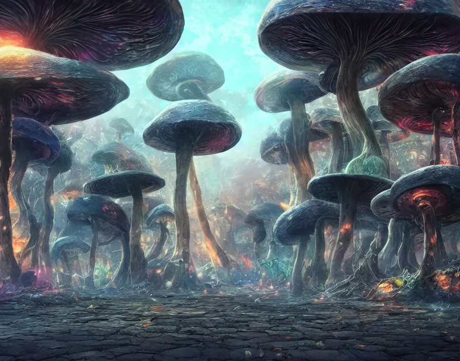 Image similar to trippy giant eldritch mushrooms in city, realistic, beautiful texture, beautiful graphics, fantasy artwork, very beautiful scenery, hd, hdr, ue 5, ue 6, unreal engine 5, cinematic 4 k wallpaper, 8 k, ultra detailed