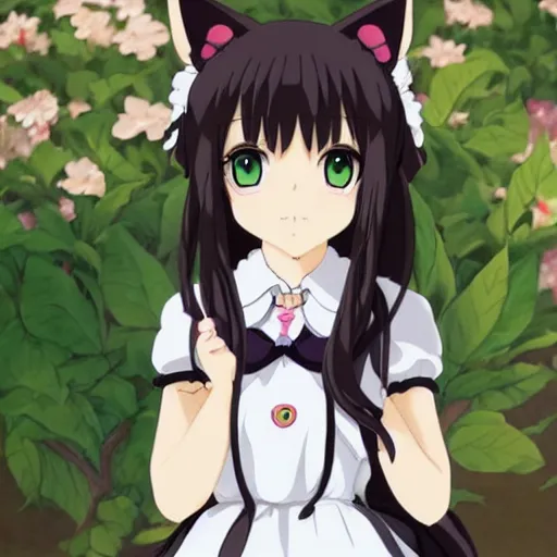 Image similar to a stunningly cute anime catgirl as a maid, art by studio ghibli, anime key visual, long brown hair, artstation