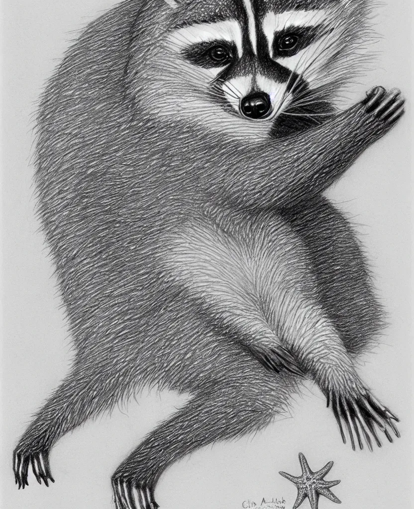 Prompt: detailed pencil sketch of a raccoon holding up and looking at a starfish, chris van allsburg