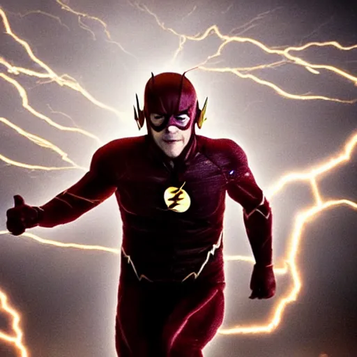 Image similar to film still of jack black playing the flash by zach snyder, epic lighting storm speed force