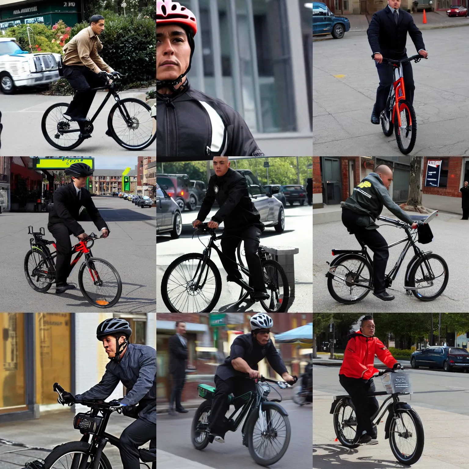 Prompt: agent sanchez steals a bike, the bike is a sanchez