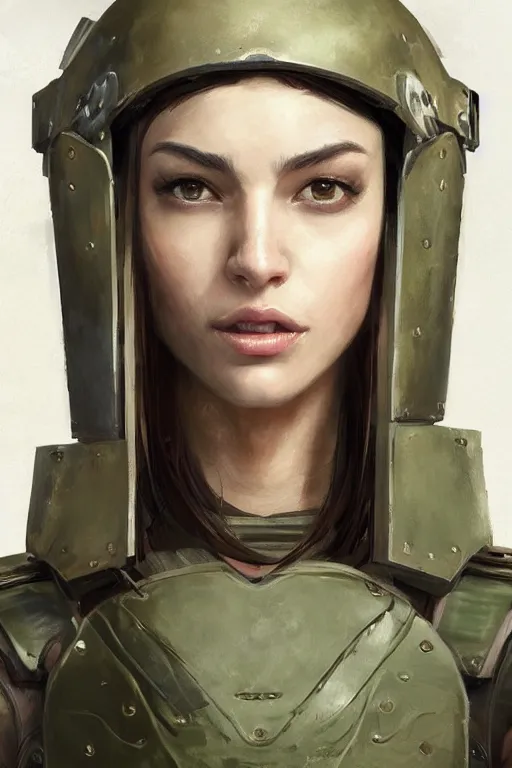 Image similar to a professionally painted portrait of an attractive young woman, clothed in military armor, olive skin, long dark hair, beautiful bone structure, symmetrical facial features, intricate, elegant, digital painting, trending on Artstation, concept art, smooth, sharp focus, illustration, from Metal Gear by Ruan Jia and Mandy Jurgens and Artgerm and William-Adolphe Bouguerea, award winning