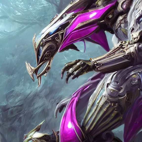 Image similar to highly detailed exquisite fanart, of a beautiful female warframe, but as an anthropomorphic robot dragon, sitting regally on a soft green sofa, with robot dragon head, shining reflective off-white plated armor, bright Fuchsia skin, full body shot, epic cinematic shot, realistic, professional digital art, high end digital art, DeviantArt, artstation, Furaffinity, 8k HD render, epic lighting, depth of field