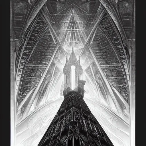 Image similar to an ultra detailed black and white tarot card of a lonely and impossibly tall ominous gothic dark tower elevated high above the city, in a river elevated high above the city, fantasy capital city, ultrawide lense, aerial photography, volumetric lighting, exquisite detail, 8 k, art by greg rutkowski and alphonse mucha