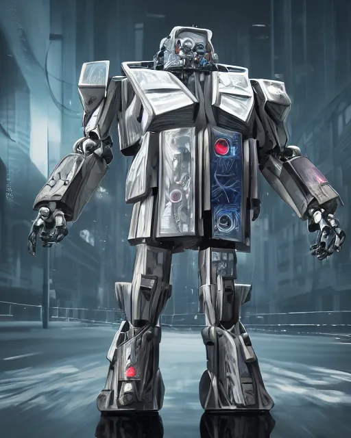 Image similar to Peter Falk's Detective Columbo as a Mecha, hyperdetailed, full body, LED effects, glowing eyes, professional paint job, standing in a city street, distressed paint, photoreal, caustics, octane render, redshift render, Vray render, all in focus, unreal engine, post processing, ultra detailed, trending on artstation