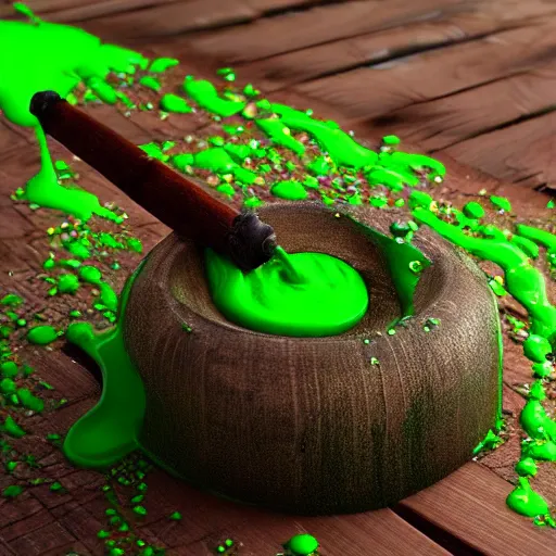 Image similar to wooden staff splattered with green slime, octane render