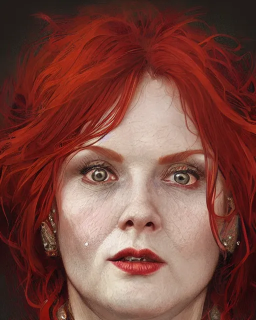 Prompt: portrait of short and plump 5 0 - year - old woman with red hair and a kind face, wearing dress, hyper realistic face, beautiful eyes, close up, fantasy art, in the style of greg rutkowski, intricate, alphonse mucha, hyper detailed, smooth