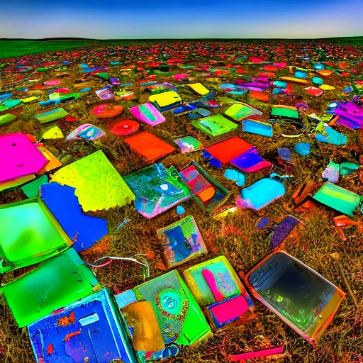 Image similar to colorful bliss windows xp screensaver with many broken dilapidated old computers graveyard, wide angle lens