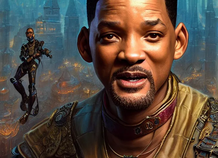 Image similar to will smith as oscar diggs, intricate, d & d, fantasy, art nouveau, digital painting, trending on artstation, sharp focus, wide shot, illustration, global illumination, ray tracing, art by artgerm and greg rutkowski and ruan jia