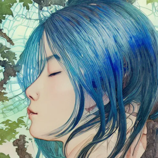 Prompt: side view a beautiful and inspiring intricate watercolor illustration artwork bright blue hair japanese girl in the forest, feeling the nature, eyes closed, 4 k, ultra - wide angle, by william turner, by victo ngai, by alphonse mucha, by miho hirano, hd, trending on artstation, hyper detailed, muted colors, inspiring, beautiful, energetic