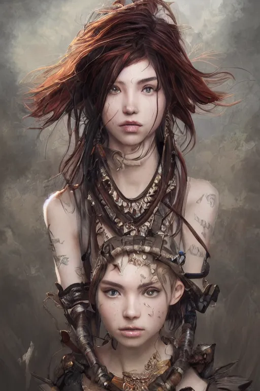 Image similar to A masterpiece portrait of a Incredibly beautiful queer Syberian post apocalyptic shaman girl . medium shot, intricate, elegant, highly detailed. trending on artstation, digital art, by Stanley Artgerm Lau, WLOP, Rossdraws, James Jean, Andrei Riabovitchev, Marc Simonetti, Yoshitaka Amano