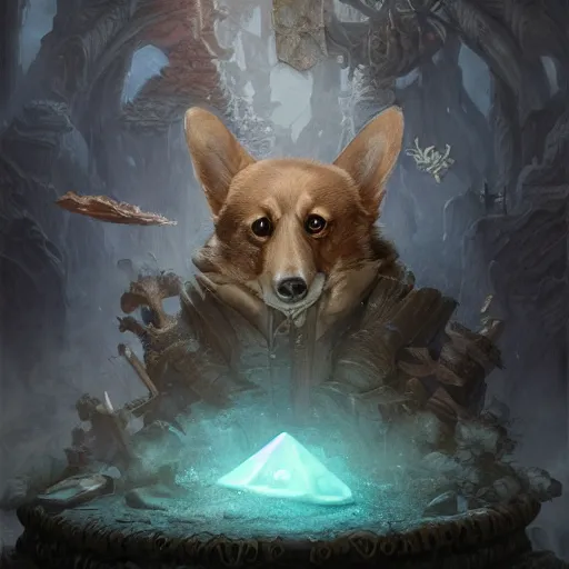 Prompt: thaumaturgist corgi, d & d character art, arcane workshop with tools and potions and trinkets, mystical runes, magical aura, fantasy, highly detailed digital illustration, hyperrealistic, greg rutkowski, trending on artstation