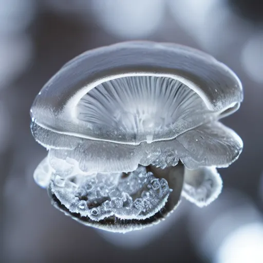 Prompt: mushroom made of ice, clear, high detail