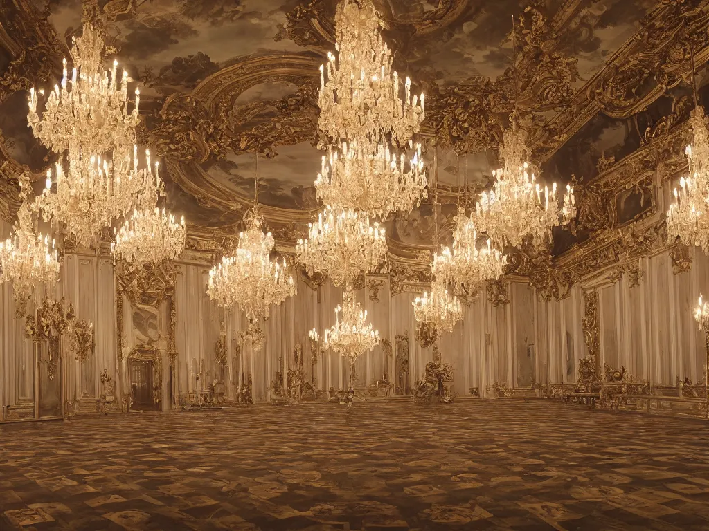 Prompt: A Baroque Ballroom as seen by Stanley Kubrick, 70mm