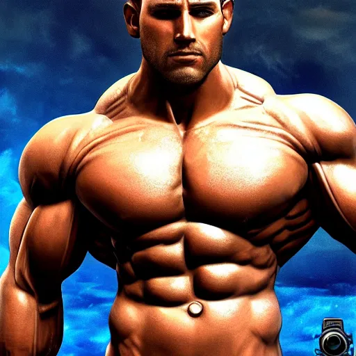 Image similar to a realistic detailed photo of a bodybuilder who is also a male android, Chris Redfield, shiny skin, posing robotically. blank stare