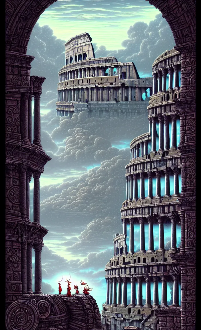 Prompt: the coliseum of the gods in a stunning landscape by Joe Fenton, whimsical background by Thomas Kinkade, moody, dramatic, sharp, very detailed, intricate, wild, concept art, sharp focus, illustration, digital art, 8k, octane render, masterpiece, artstation, cgsociety, vivid vibrant colors