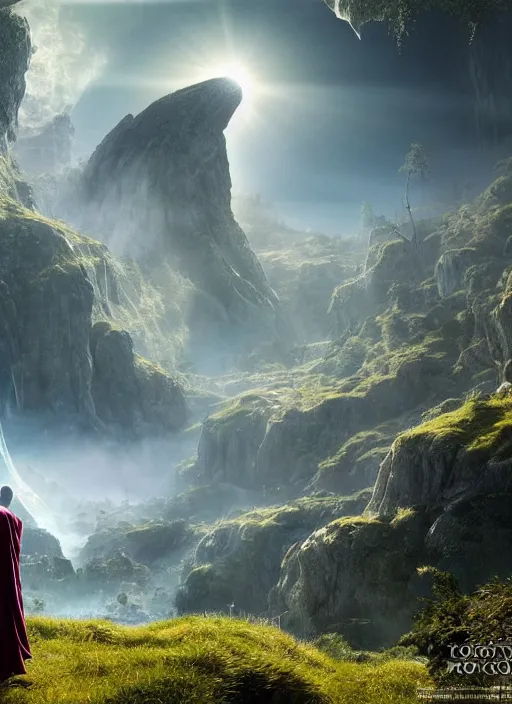 Image similar to a cosmic monk in lord of the rings scenery landscape, looking out at a lush valley, gigantic alien spacecraft in the sky, sunrise, god's rays, highly detailed, vivid color, cinematic lighting, perfect composition, 8 k, gustave dore, derek zabrocki, greg rutkowski, belsinski, octane render