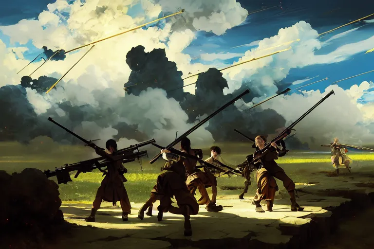 Prompt: baroque oil painting of key visual environment concept art of anime maids firing bolt action rifles at enemy lines, brutalist, dark fantasy, rule of thirds golden ratio, fake detail, trending pixiv fanbox, acrylic palette knife, style of makoto shinkai studio ghibli genshin impact jamie wyeth james gilleard greg rutkowski chiho aoshima